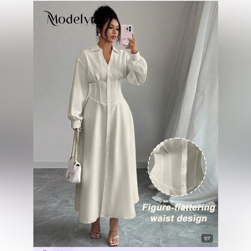 Cream Button-Front Maxi Shirt Dress with Corset Waist
